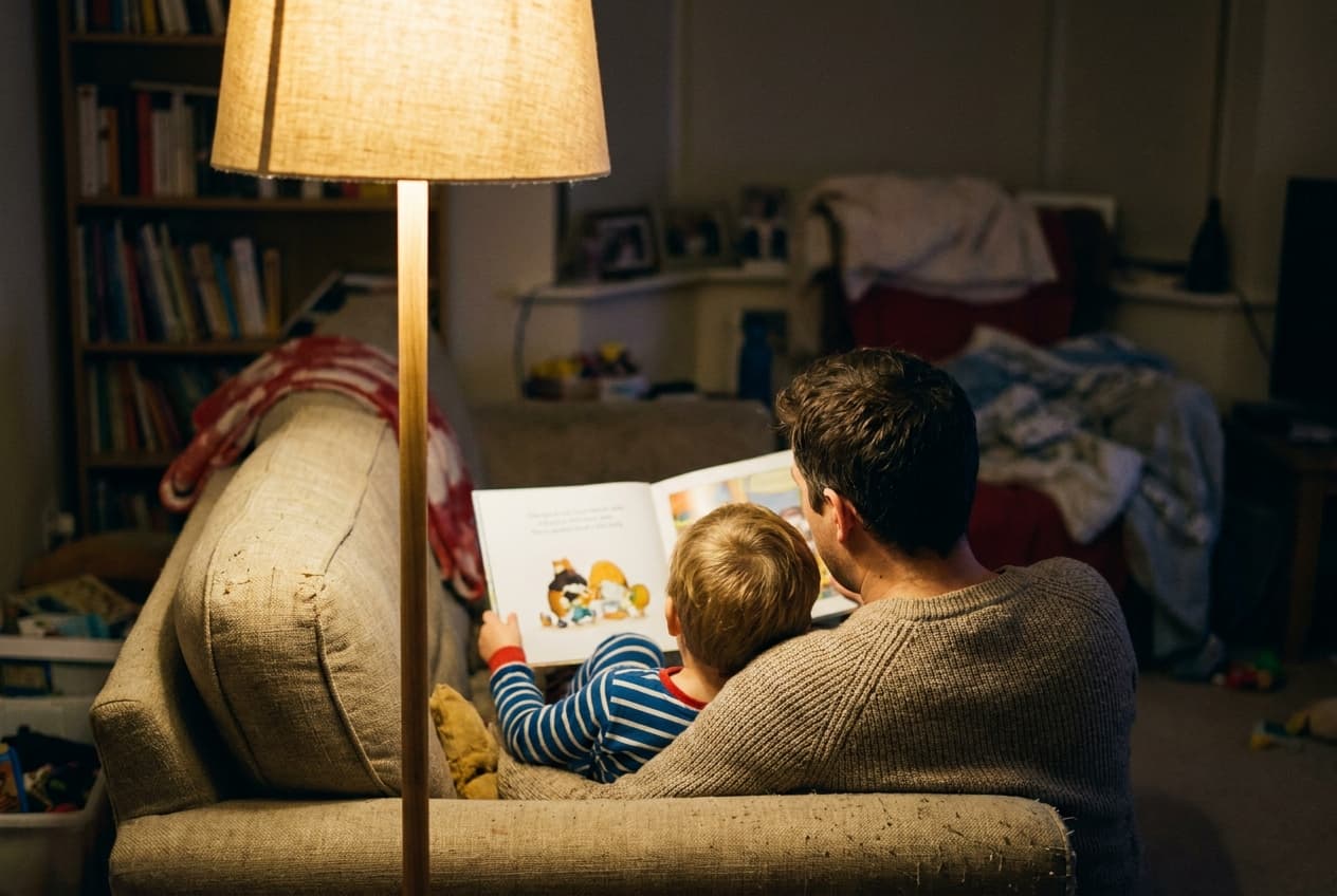A parent and child reading together on the sofa in warm evening light