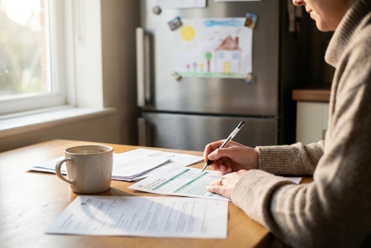 A parent working through a claim form at the kitchen table with a cup of tea