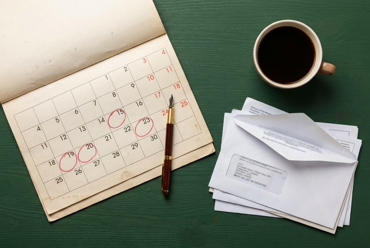 A wall calendar with important dates circled beside a stack of opened letters