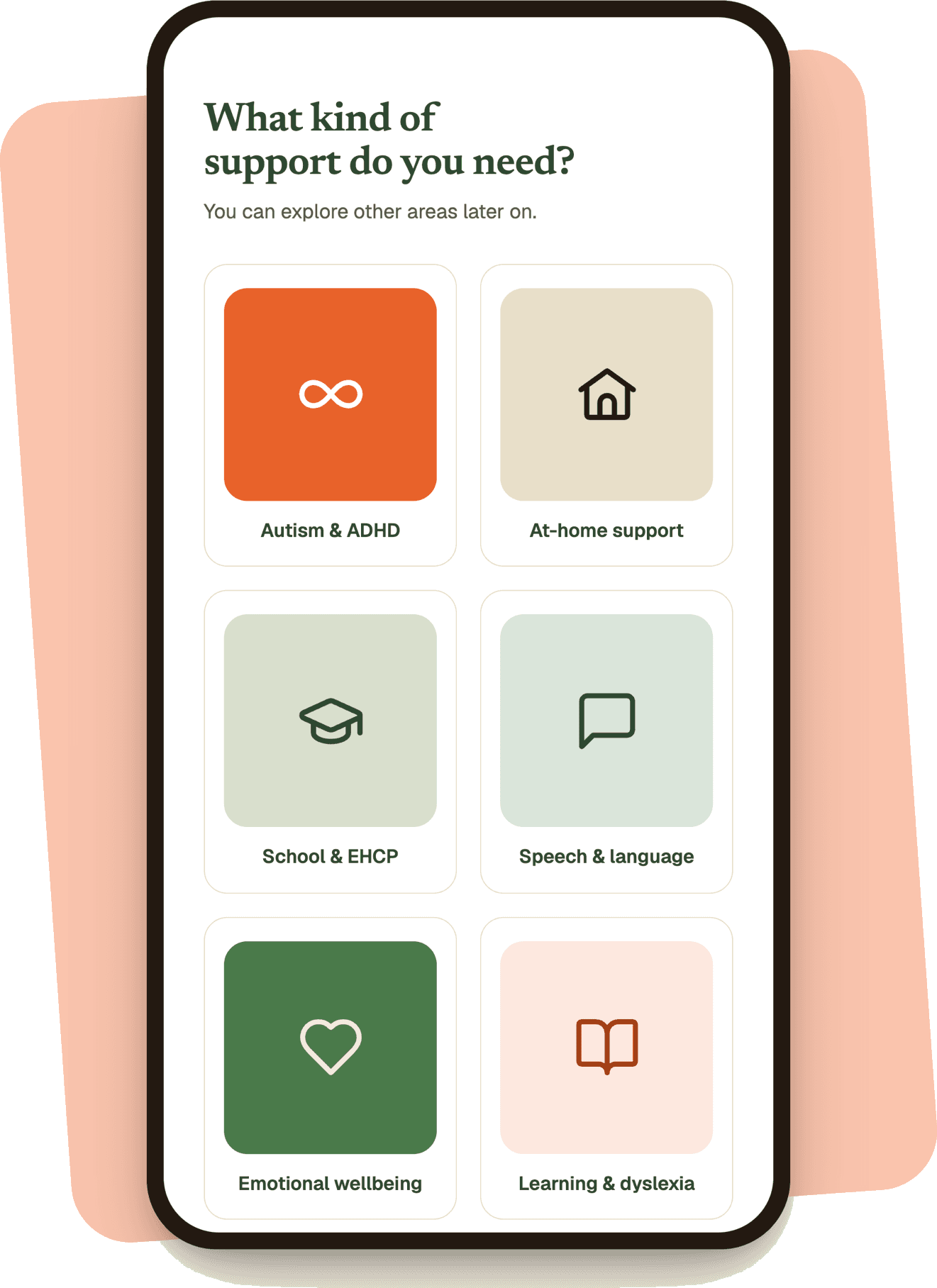 The Remarkable Minds app asking what kind of support you need, with options including autism and ADHD, school and EHCP, and emotional wellbeing.