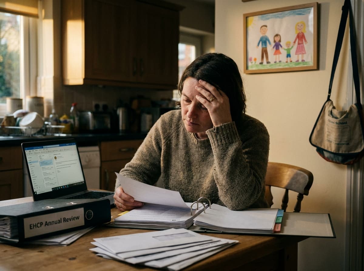 A tired parent at the kitchen table in the evening, reading school letters beside an EHCP review folder and a work laptop.