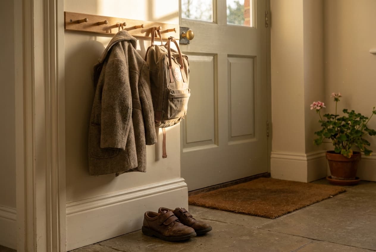 A child's coat and backpack hanging by the front door on a school morning