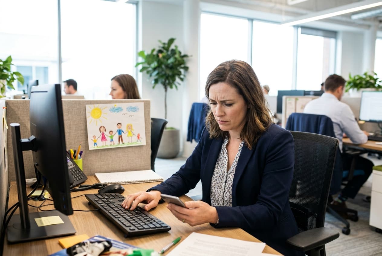 A mother at her office desk glancing at her phone, a child's drawing pinned beside the monitor.
