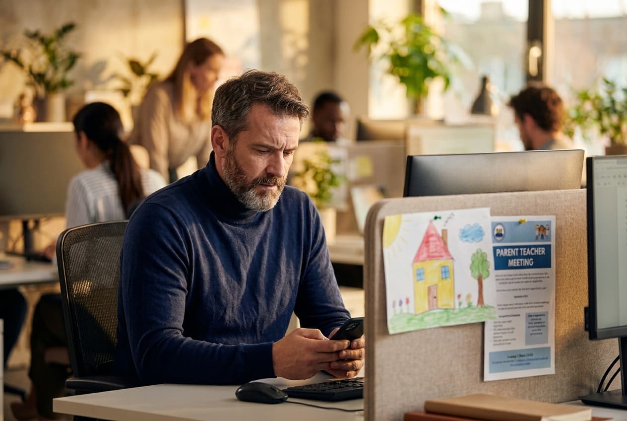 A parent at their office desk glancing at their phone, a child's drawing pinned beside the monitor.