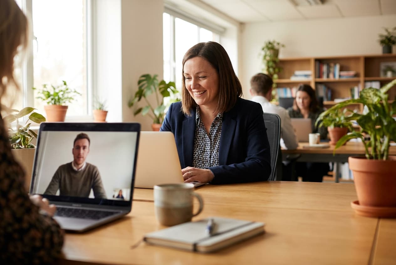 An employee at a bright office desk on a video call with a specialist.