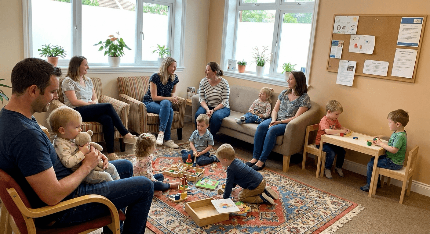 Parents and young children together in a bright community room at a SEND family support group.