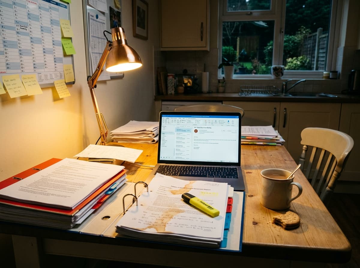 A kitchen table in the evening covered with paperwork, binders and a laptop, and a cooling mug of tea.