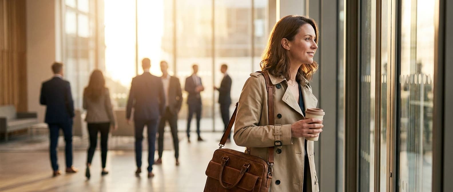 An employee arriving at a bright office in the morning, calm and ready for the day.