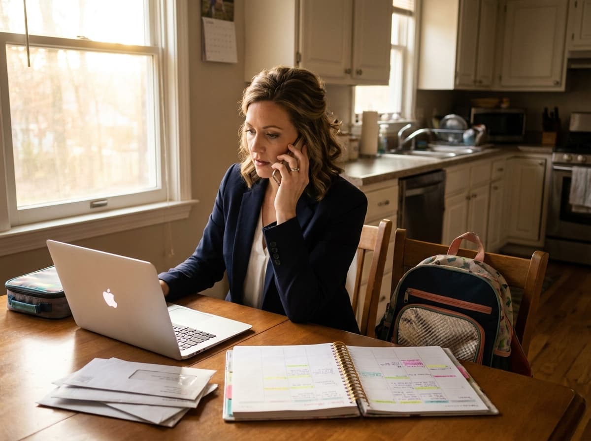 A working parent at the kitchen table in the early morning, laptop open beside school letters, phone in hand.