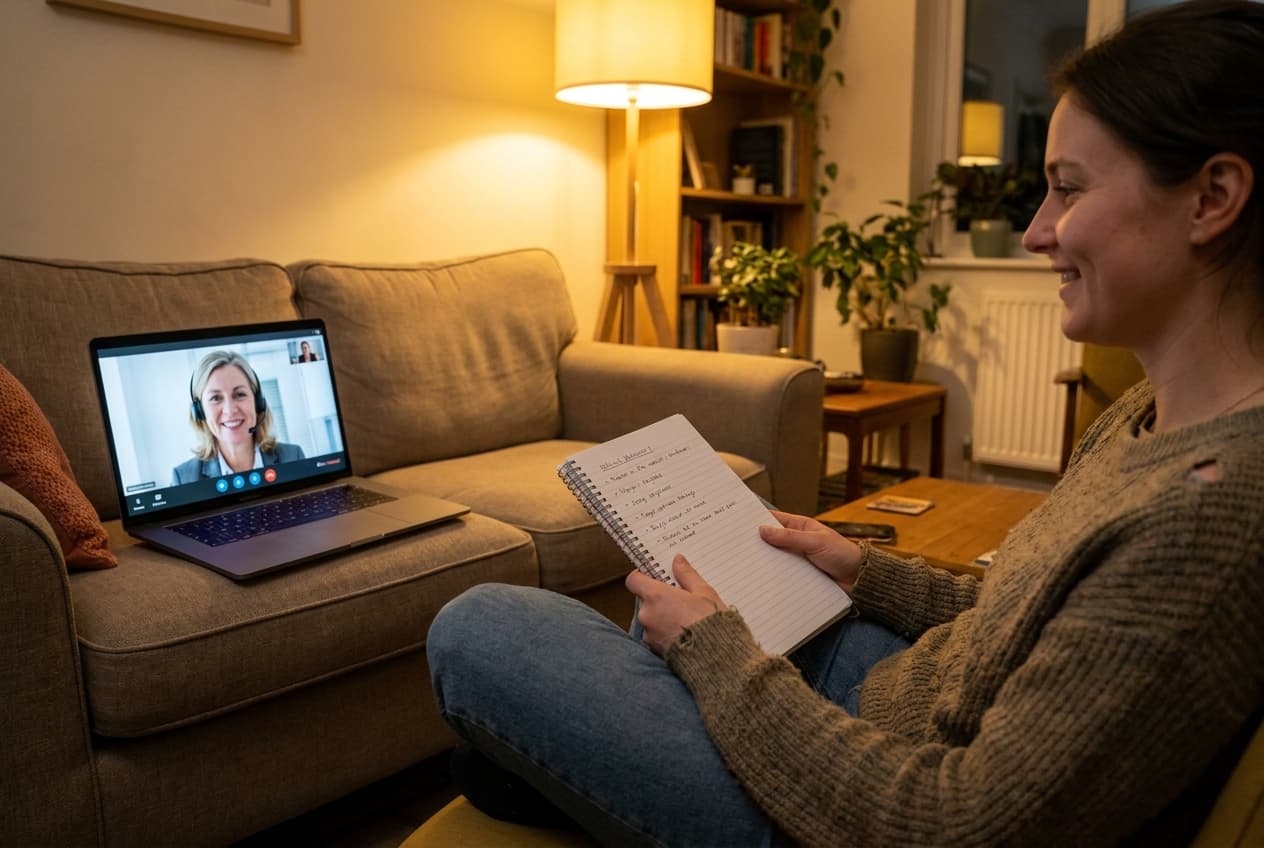 A parent on a video call with a friendly neurodiversity specialist in the evening, notebook in hand.