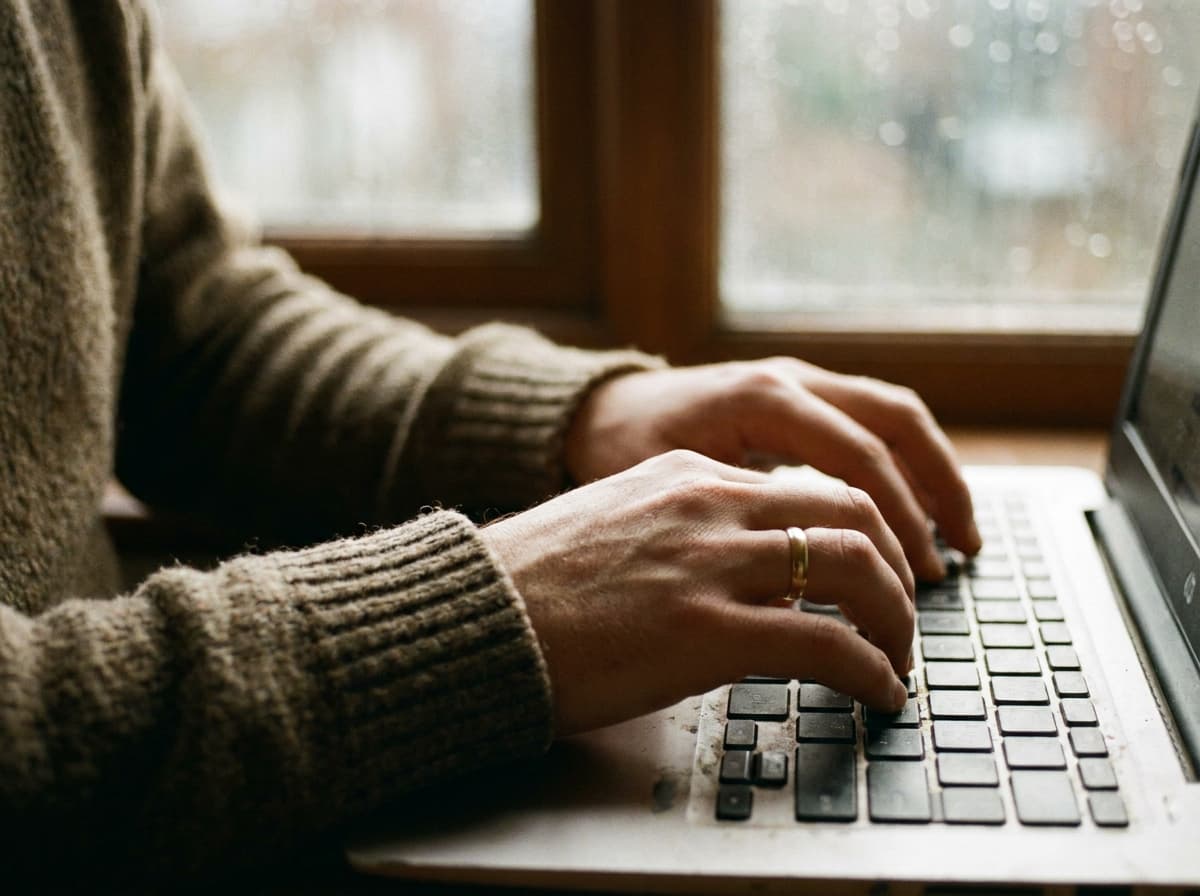 A close-up of hands typing on a laptop by a rainy window, face out of frame.