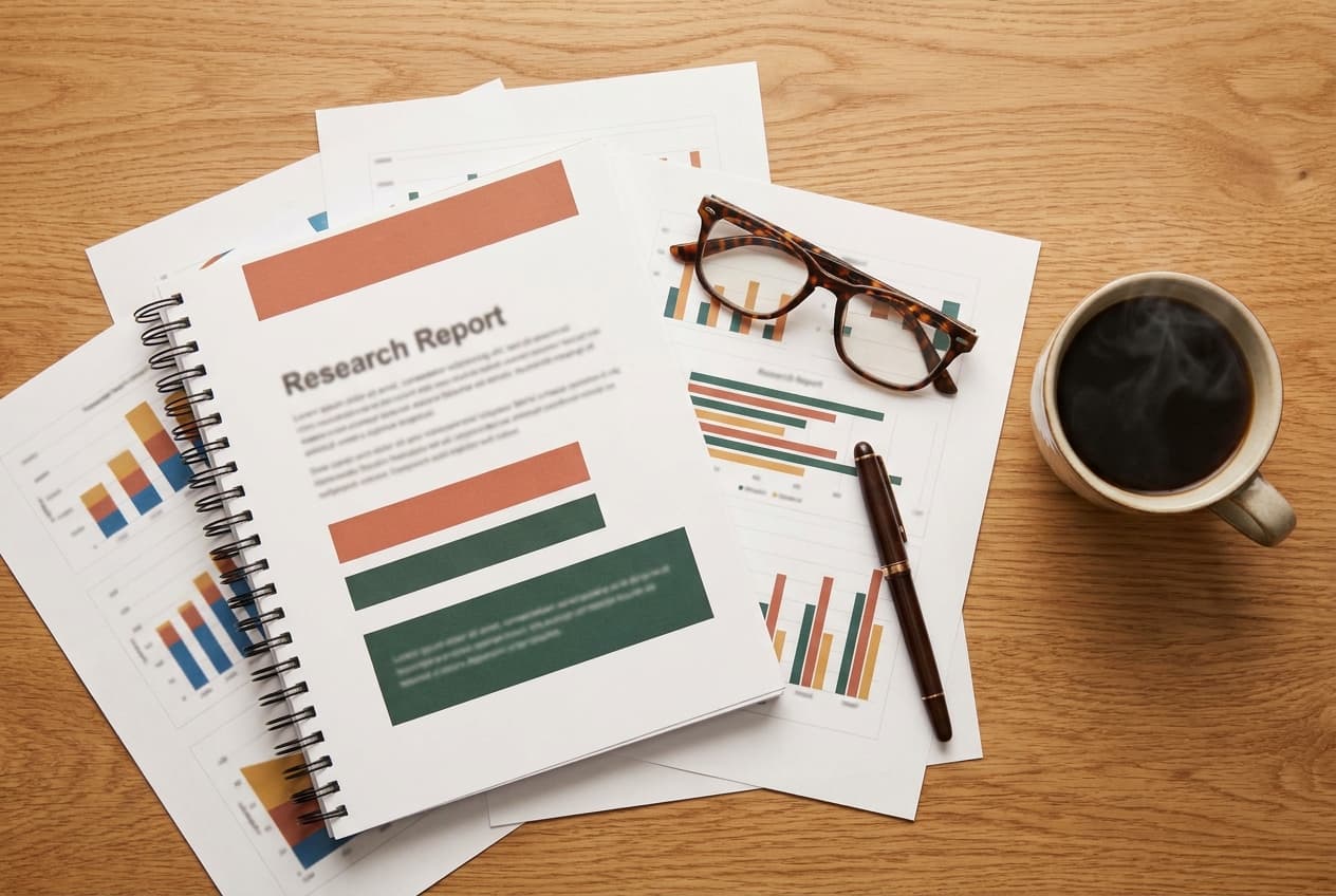 A printed research report and pages of charts laid out on a desk with reading glasses and a coffee.