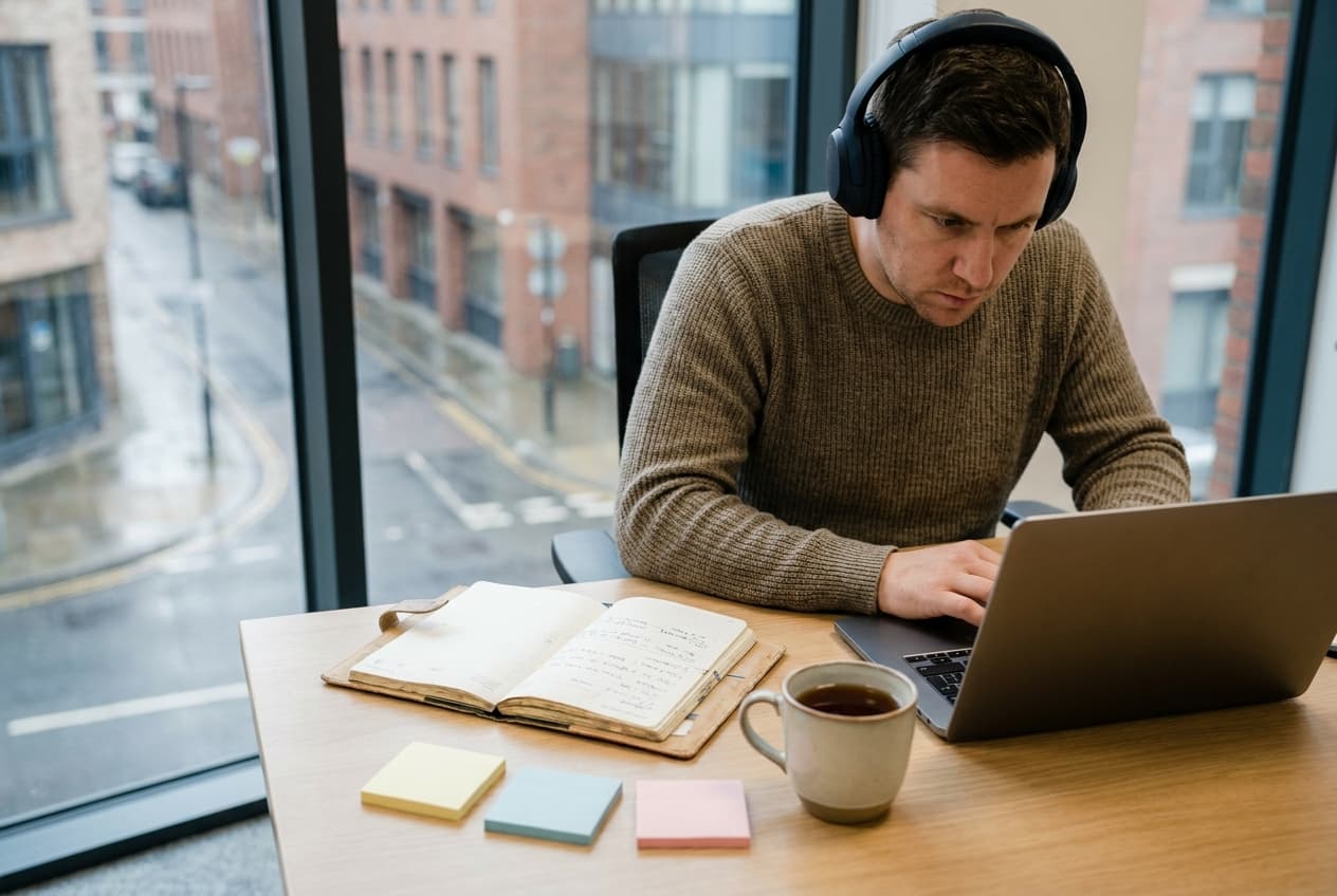 An employee wearing headphones working with focus at a desk by a large office window, a paper planner and sticky notes beside the laptop.