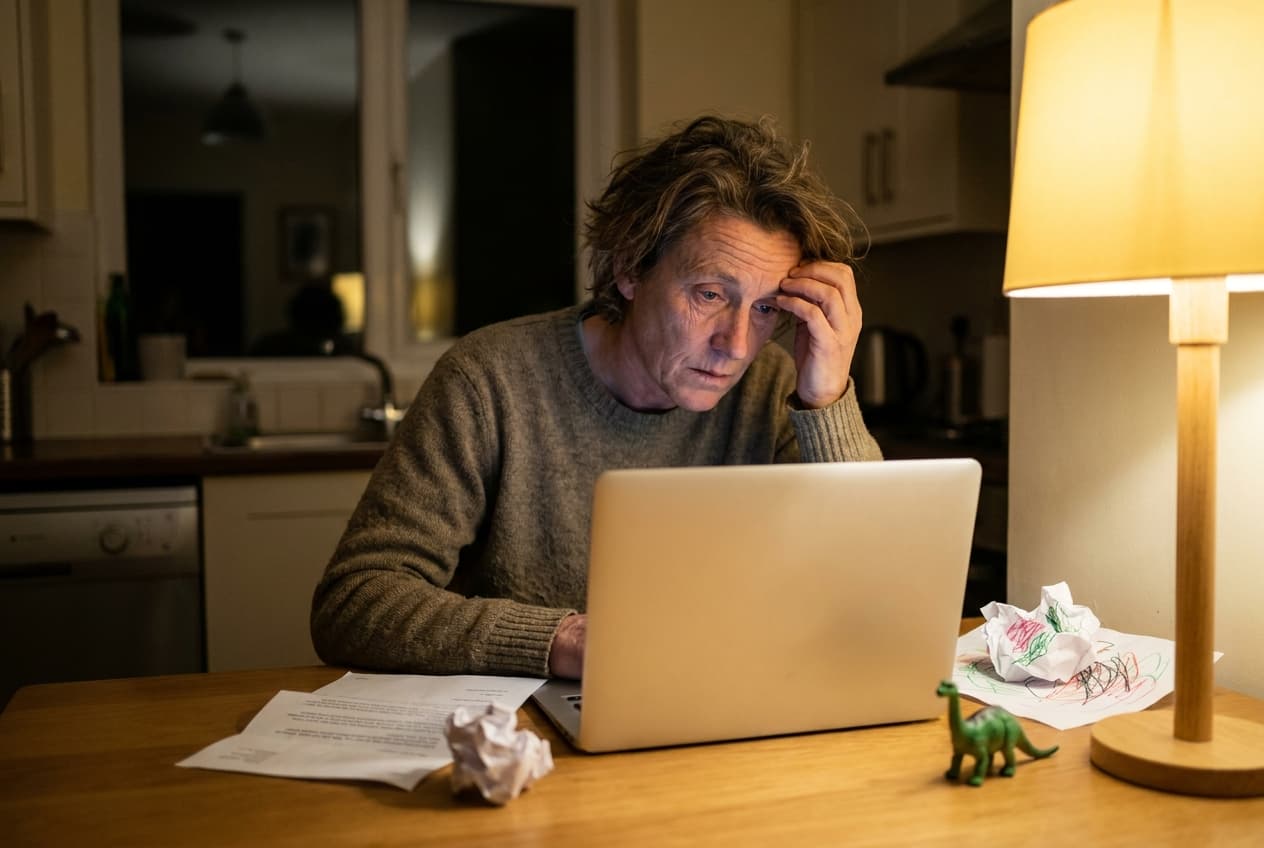 A parent working on a laptop at the kitchen table in the evening, a child's drawing and a toy dinosaur beside them.
