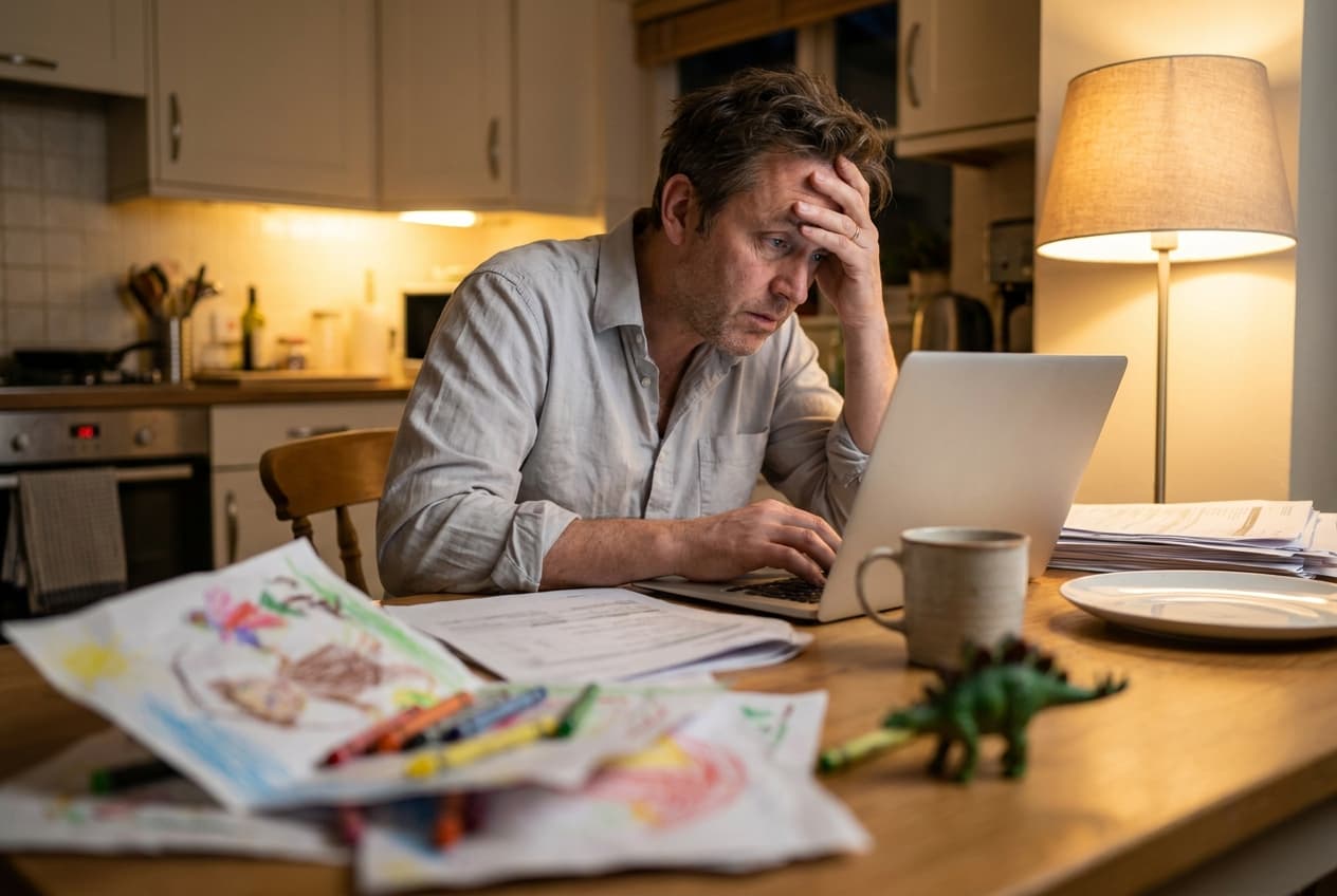 A dad at the kitchen table late at night, head in hand, searching assessment providers on his laptop beside a pile of paperwork and his child's drawings.