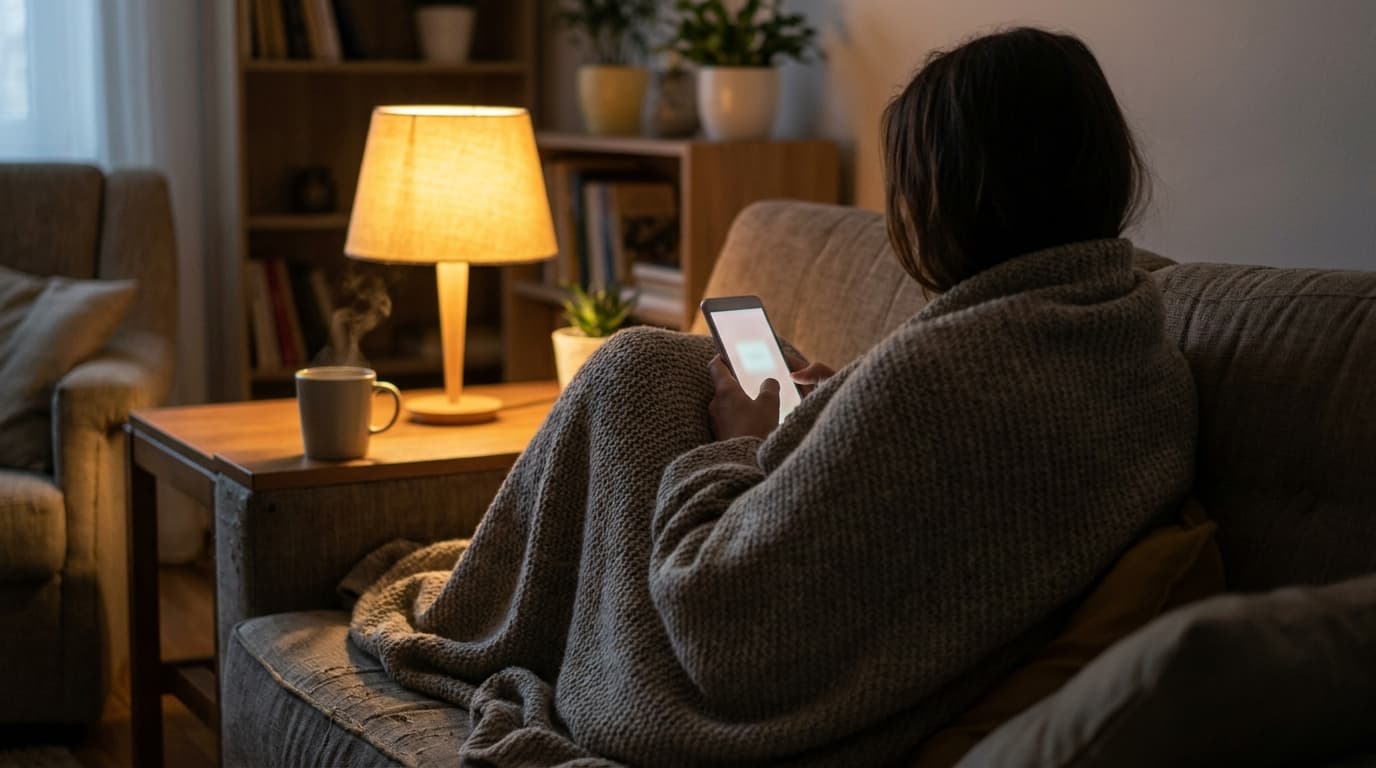 A person under a blanket on their sofa in the evening, completing the survey on their phone.