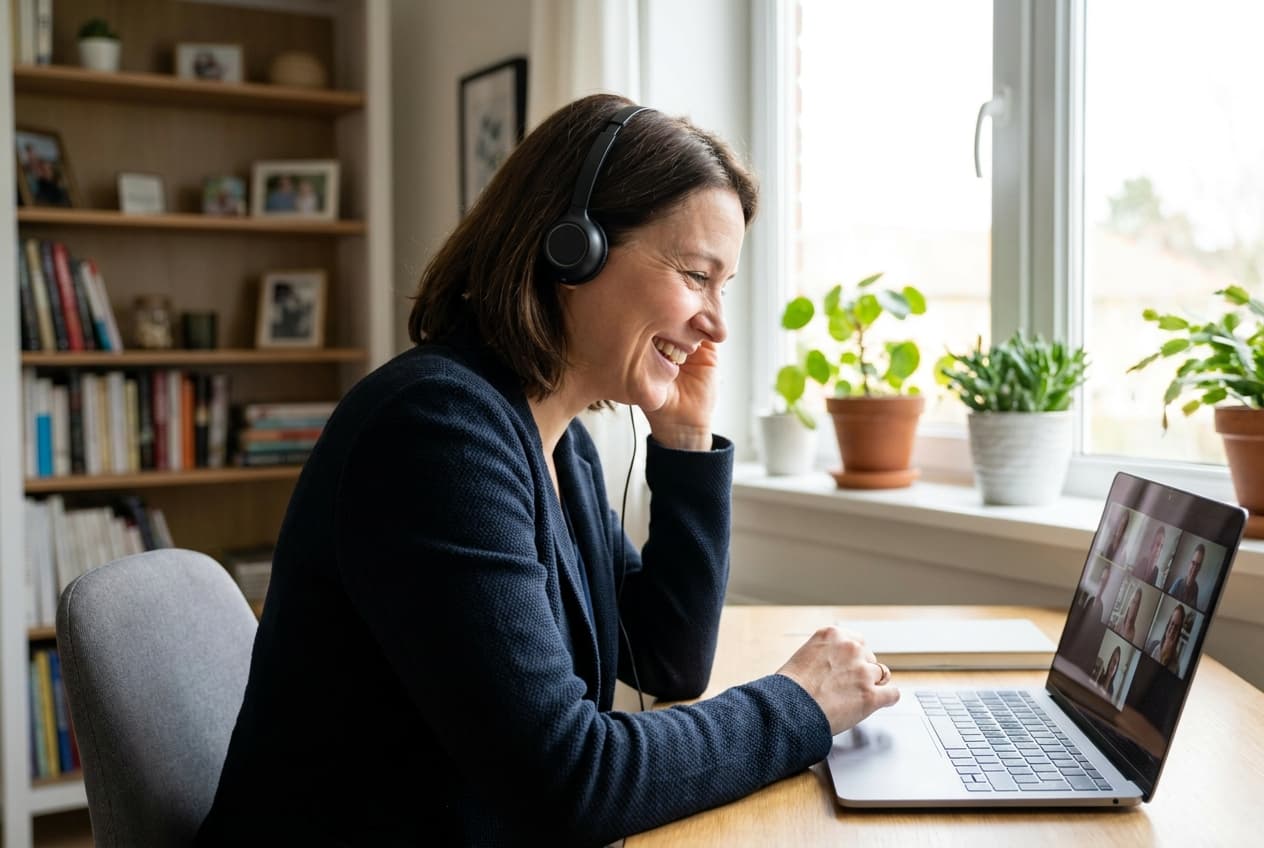A friendly specialist wearing a headset, smiling during a video call in her bright home office.