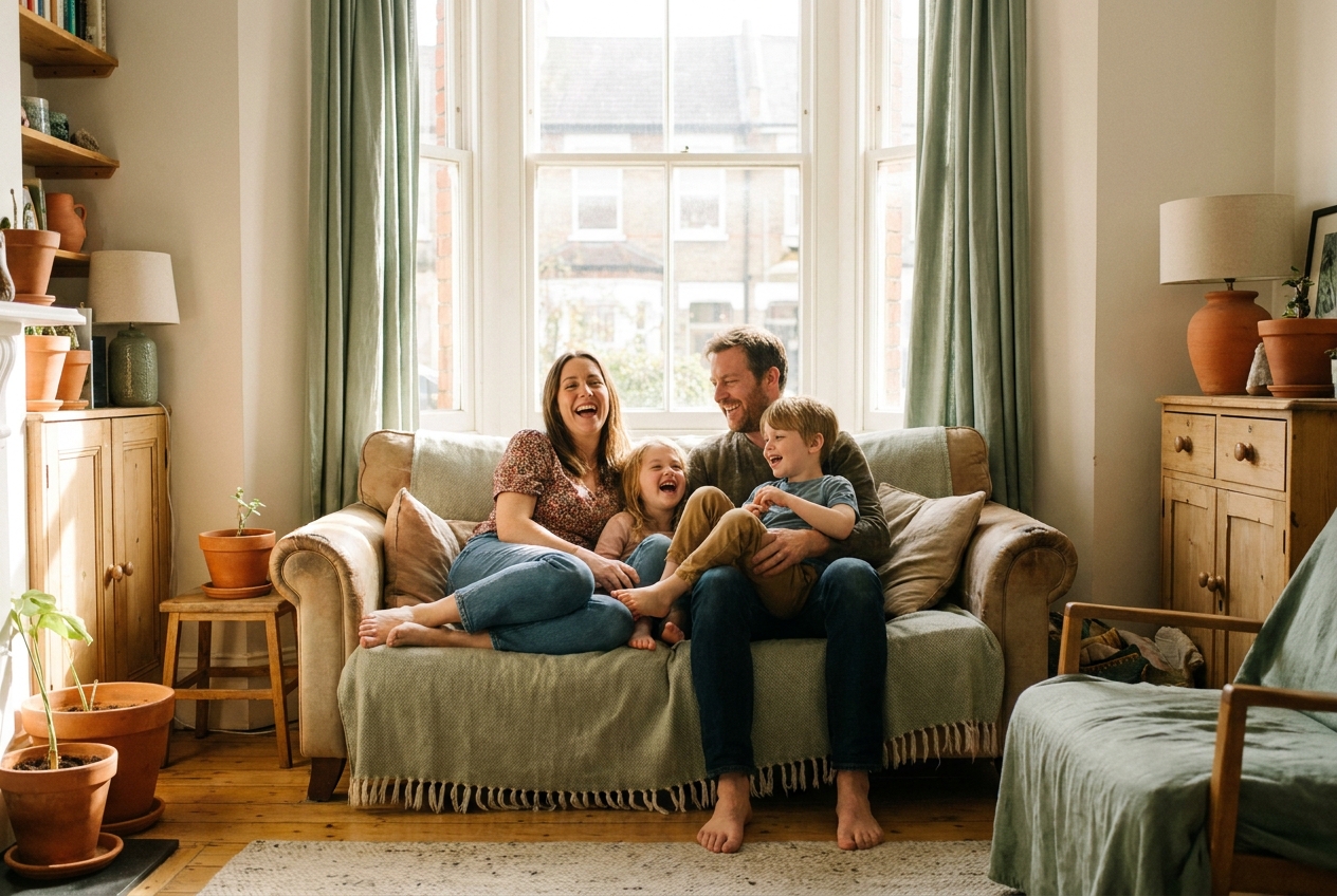 A family at home together, relaxed and laughing on the sofa