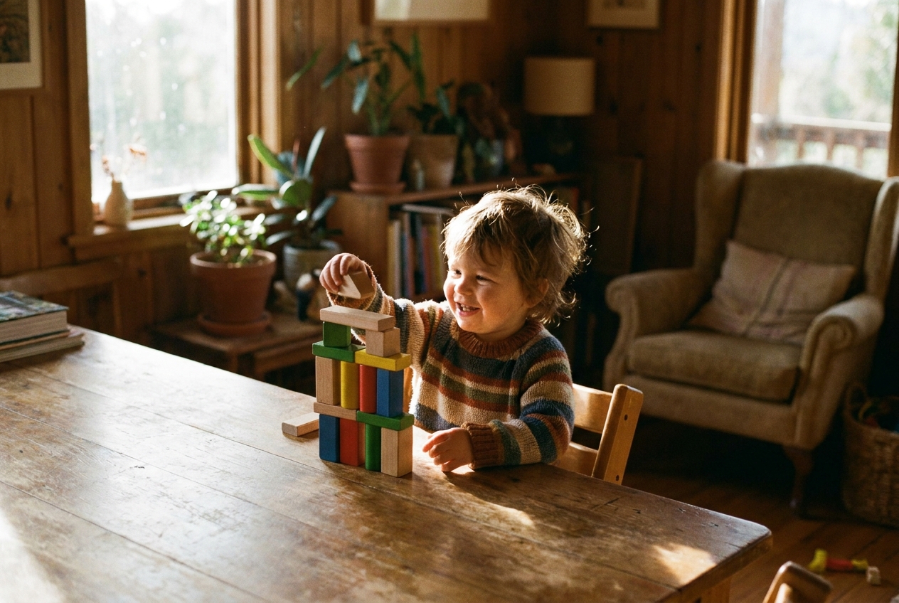 A young child absorbed and delighted while building a colourful tower of blocks
