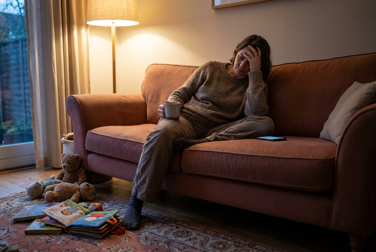 A tired parent sitting on the sofa in the evening, looking thoughtful, with a child's toys and books nearby