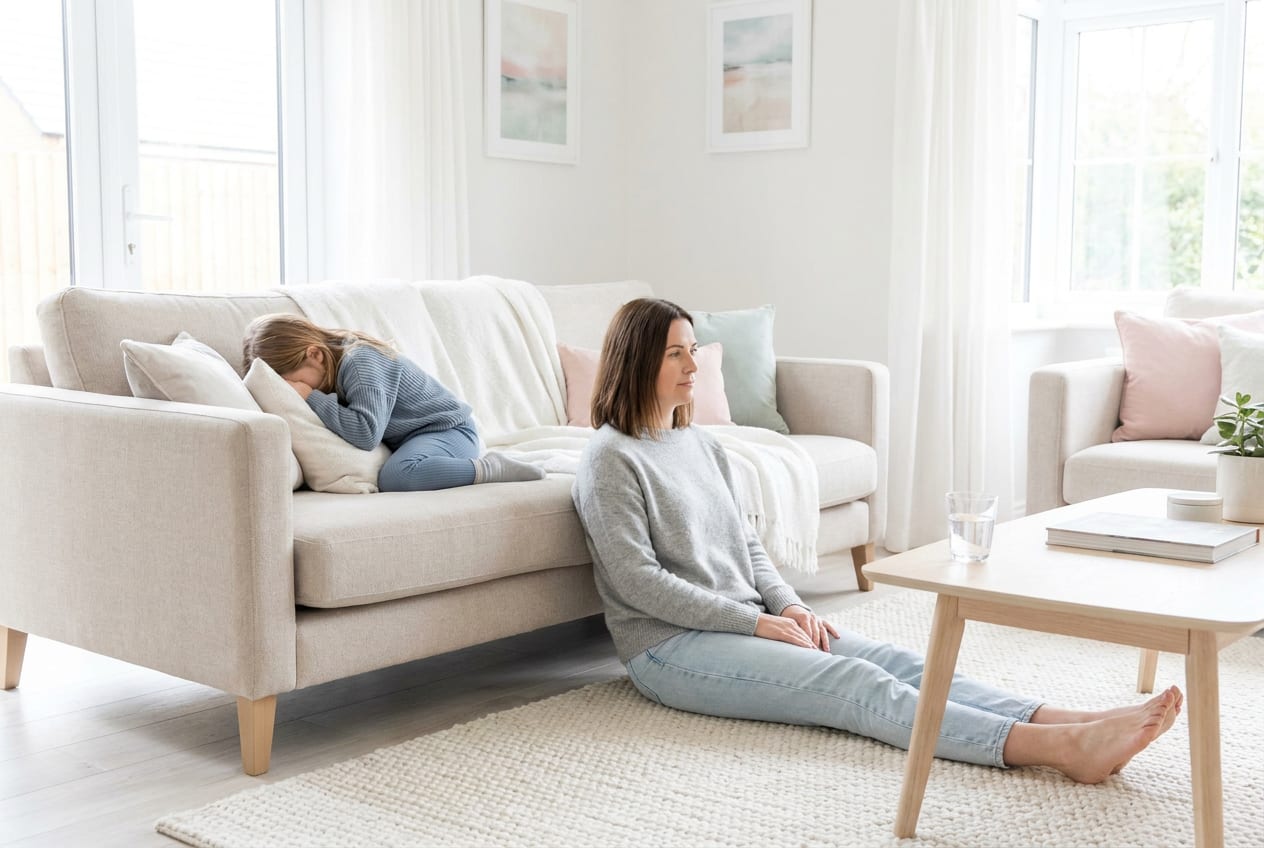 A parent sits calmly on the living room floor, back against a sofa where a child lies curled up with their face buried in a cushion, in a bright airy room.