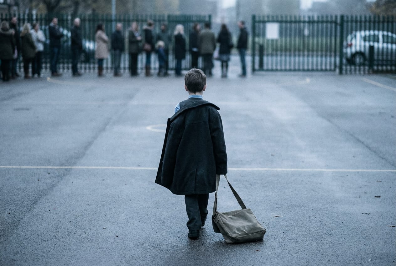 A child seen from behind crossing an empty school playground towards the gates, coat slipping off one shoulder and book bag trailing, with a blurred line of waiting parents in the distance on an overcast afternoon
