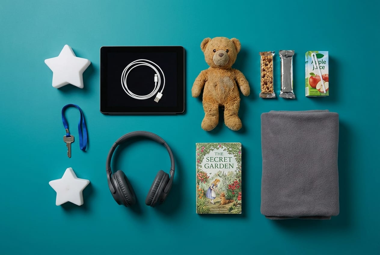 Overhead view of a sibling's safe-room kit laid out on a bedroom floor: a tablet and charger, headphones, a soft toy, snacks, a juice carton, a paperback, a folded blanket, a night light and a door key on a ribbon