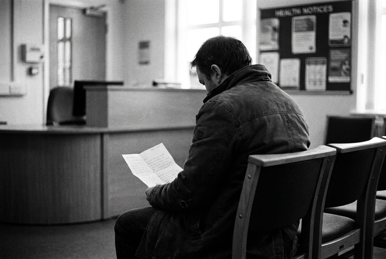 A parent sits alone in a GP surgery waiting room, seen from behind, reading a folded sheet of handwritten notes
