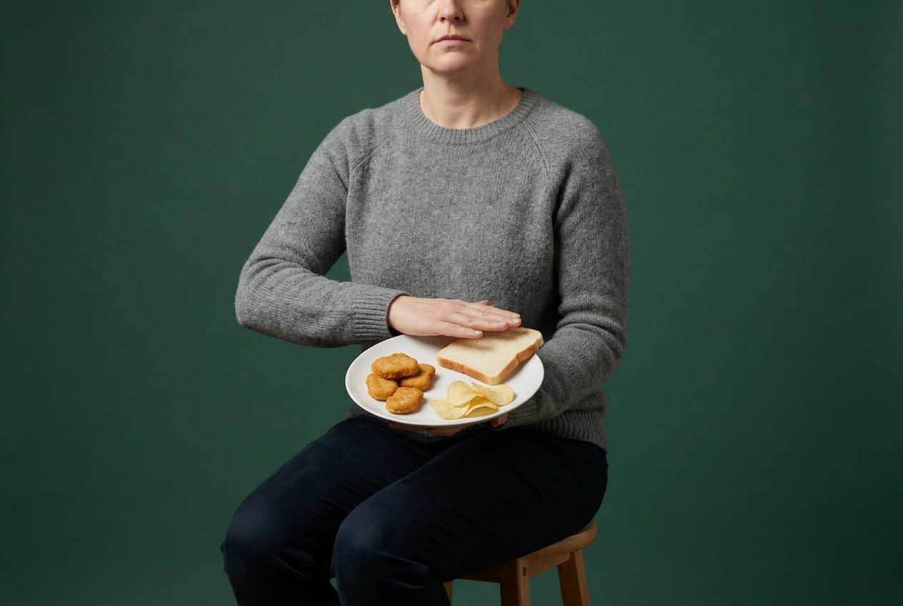 Studio portrait of a parent seated on a stool against a plain green backdrop, one hand resting protectively over a child's plate of chicken nuggets, white bread and plain crisps.