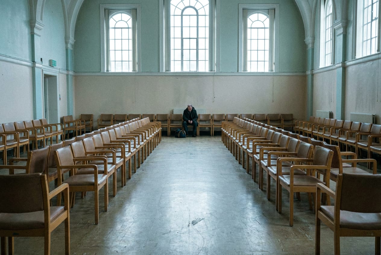 A vast, nearly empty waiting hall with long rows of vacant chairs, and one small figure sitting alone against the far wall