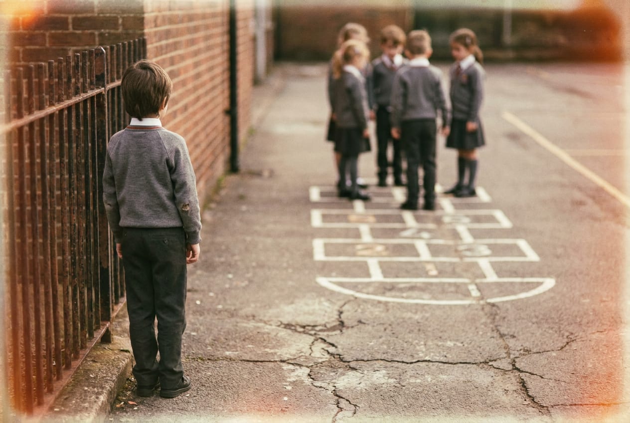 A primary school playground at break time. A child in school uniform stands alone near the railings, face turned away, while a group of children plays together out of focus in the background.