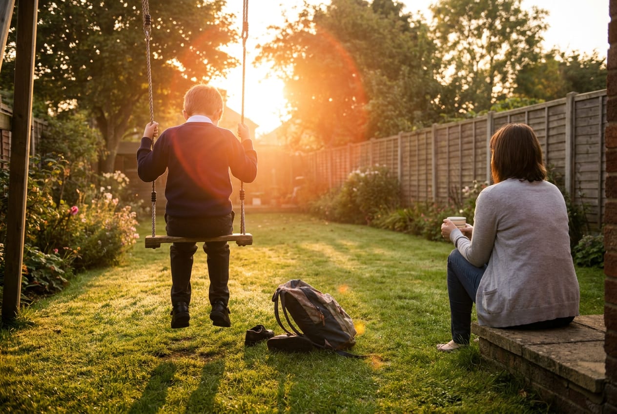 A child in school uniform sits on a garden swing seen from behind in low golden evening light, school bag dropped on the grass, while a parent sits at a distance on the back doorstep with a mug