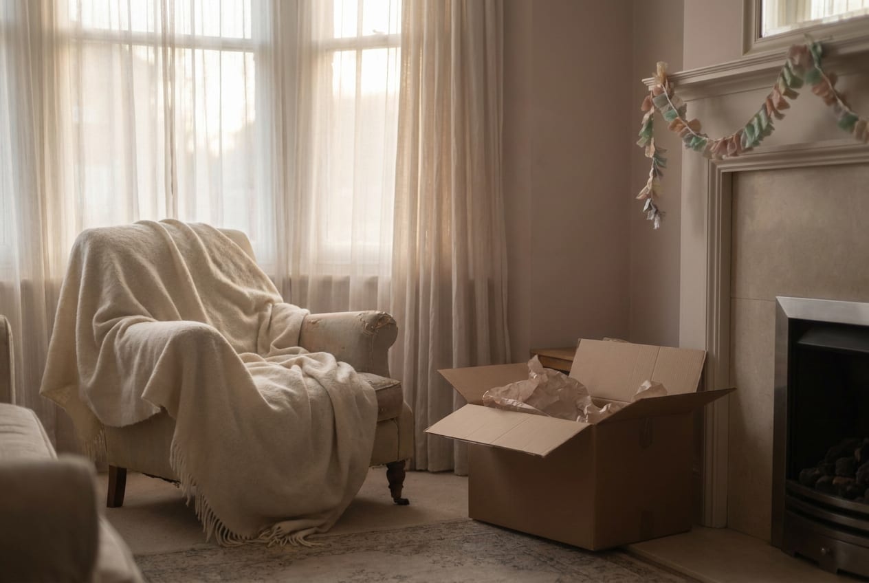 A British living room in the quiet week after Christmas: a rumpled blanket left on the sofa, a half-collapsed cardboard box on the floor, low winter light through the window.