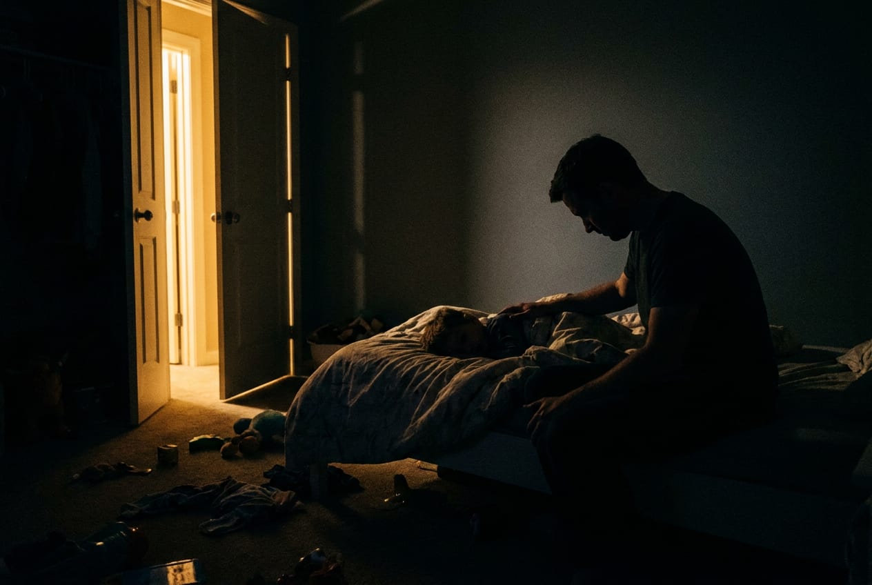 A dark child's bedroom at night, lit only by warm light from the hallway through the open door. A parent sits on the edge of the bed with a hand resting on a sleeping child who is turned away under the duvet, toys still scattered across the floor