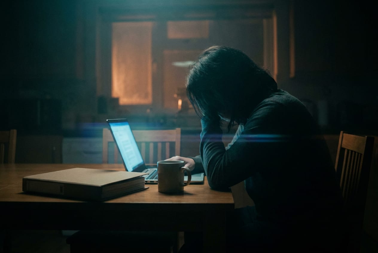 A parent working alone on a laptop at a kitchen table late at night, the dark room lit only by the screen and a streetlight through the window