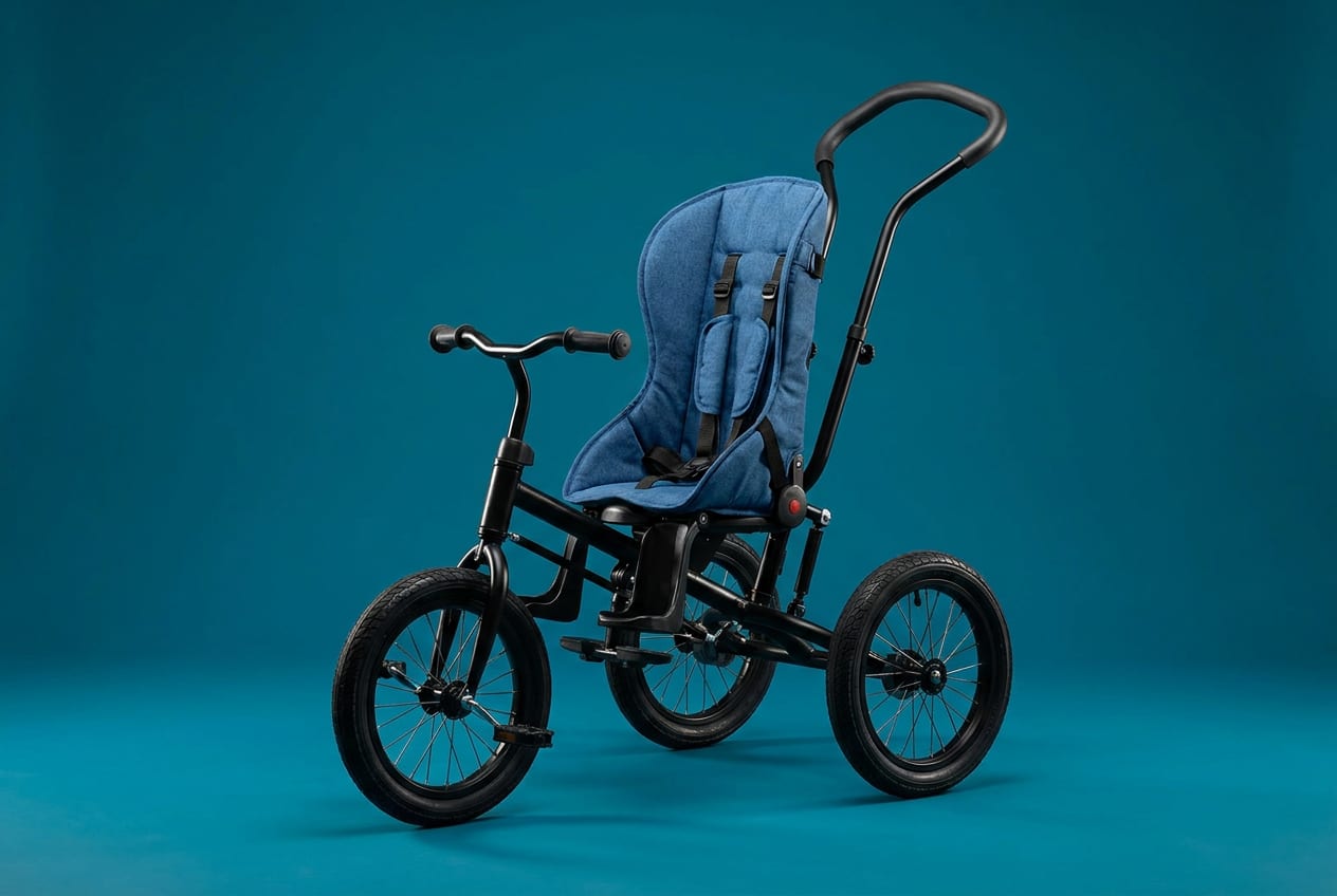 A child's adapted trike with a supportive high-backed seat and a rear parent handle, photographed against a plain deep-teal studio background.