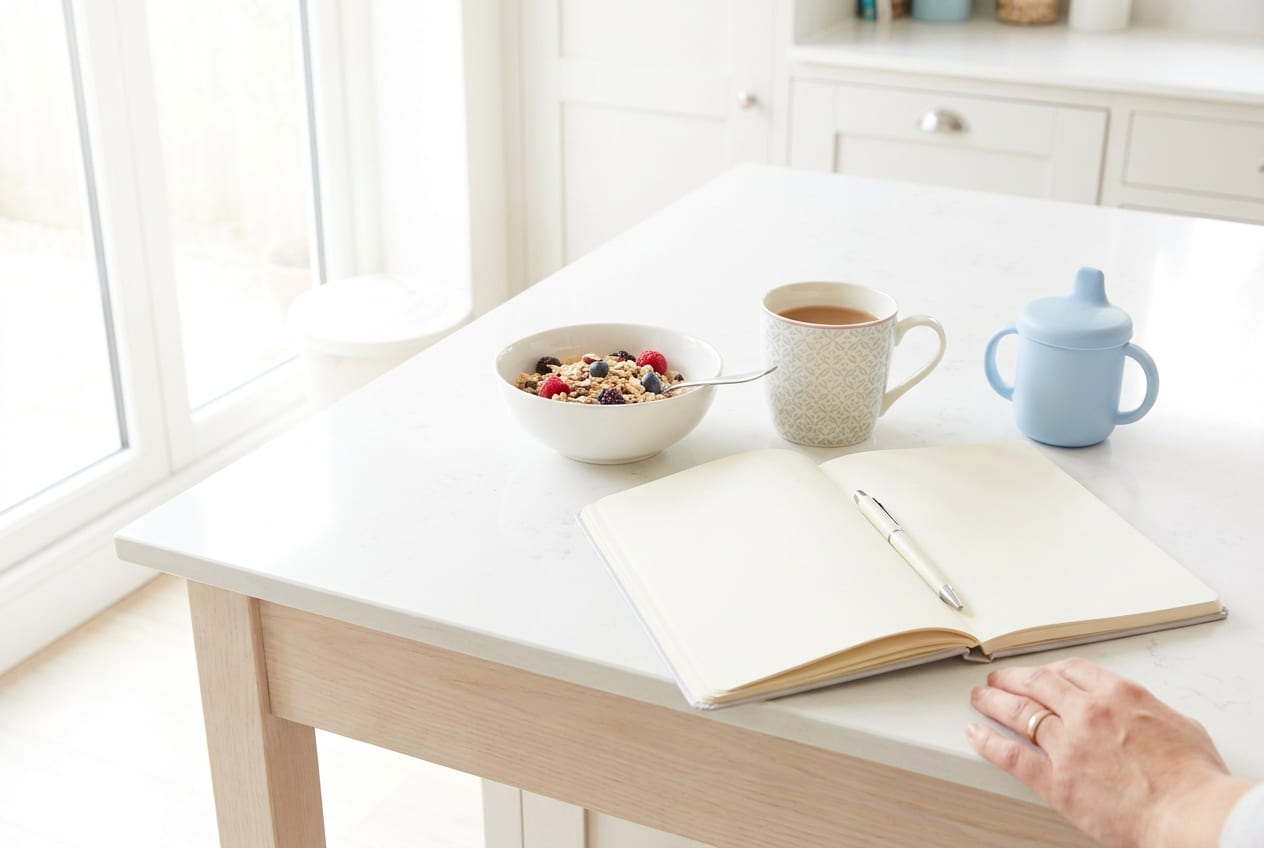 An open blank notebook with a pen on a bright kitchen worktop, next to a cereal bowl, a cup of tea and a child's beaker, with a parent's hand resting at the edge of the table.