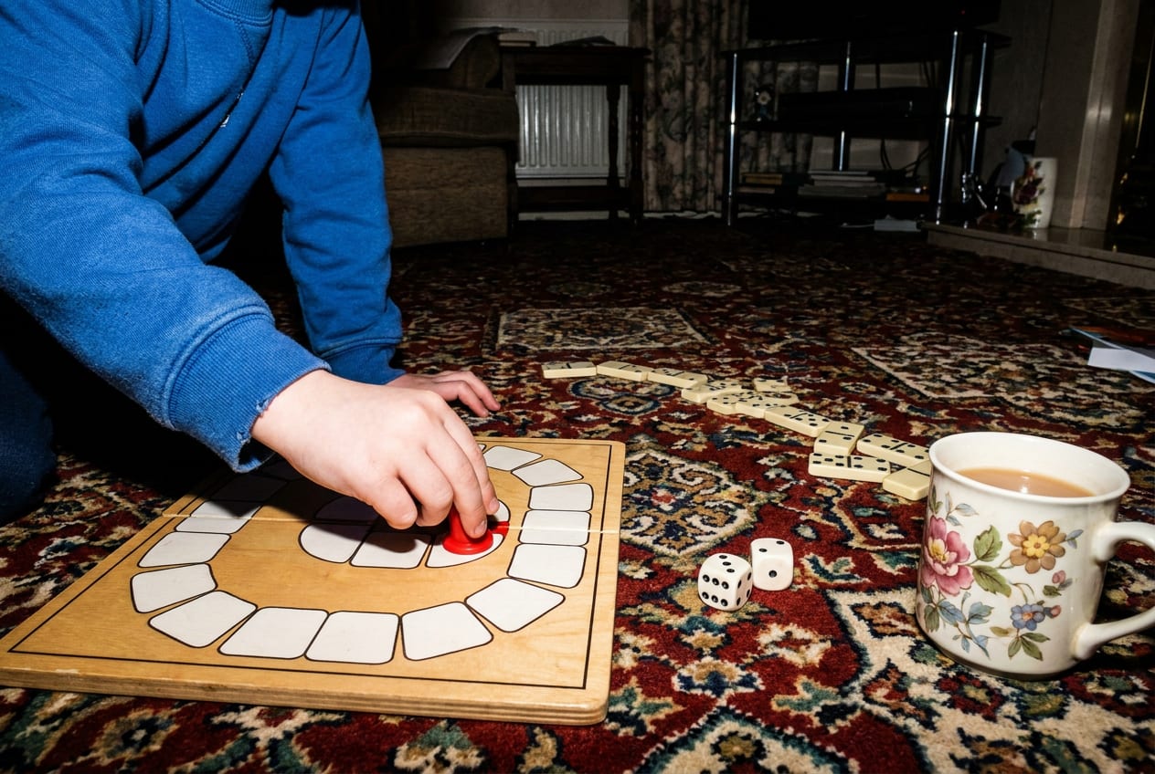 A board game on a patterned living-room carpet, with dice, dominoes and a child's hands moving a counter along the track