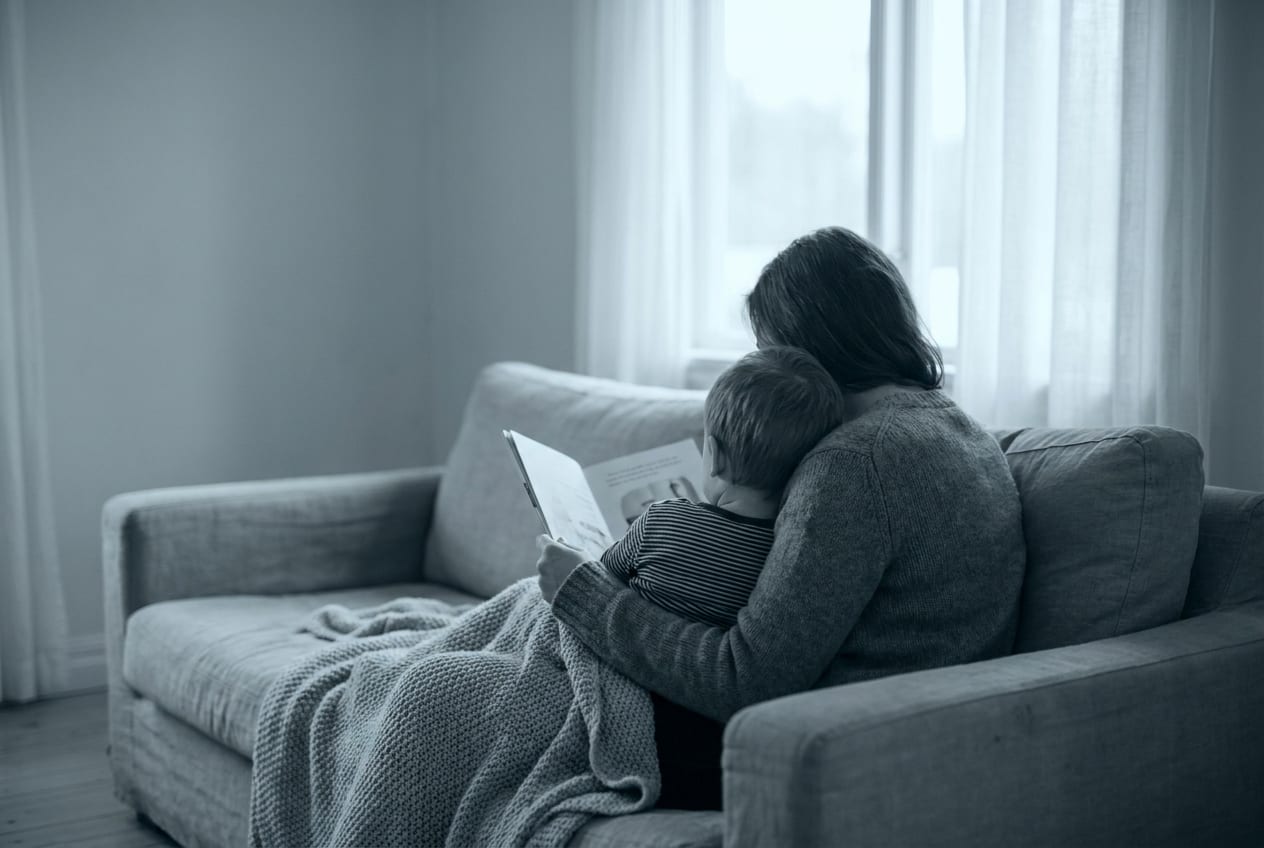 A parent and child sitting together on a sofa at the end of the day, both seen from behind, an open book held between them.