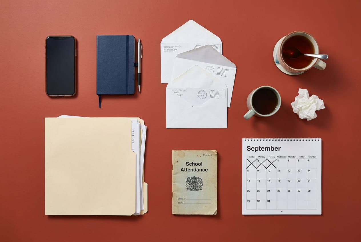 Overhead flat-lay of a parent's paperwork: a phone, a notebook and pen, opened envelopes, a folder of papers, a school attendance booklet, a September calendar with crossed-off days, mugs of tea and a crumpled tissue