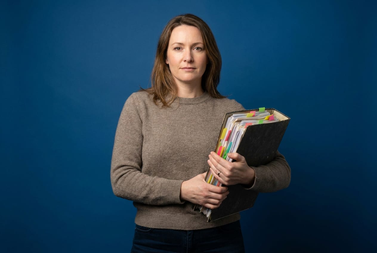 A parent stands against a plain deep-blue studio backdrop holding a thick ring binder of school reports and specialist letters, tabbed with sticky markers.
