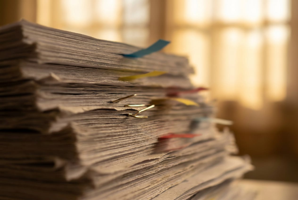 Extreme close-up of the fanned page edges of a thick stack of printed documents, coloured index tabs protruding, with a metal paper clip in sharp focus