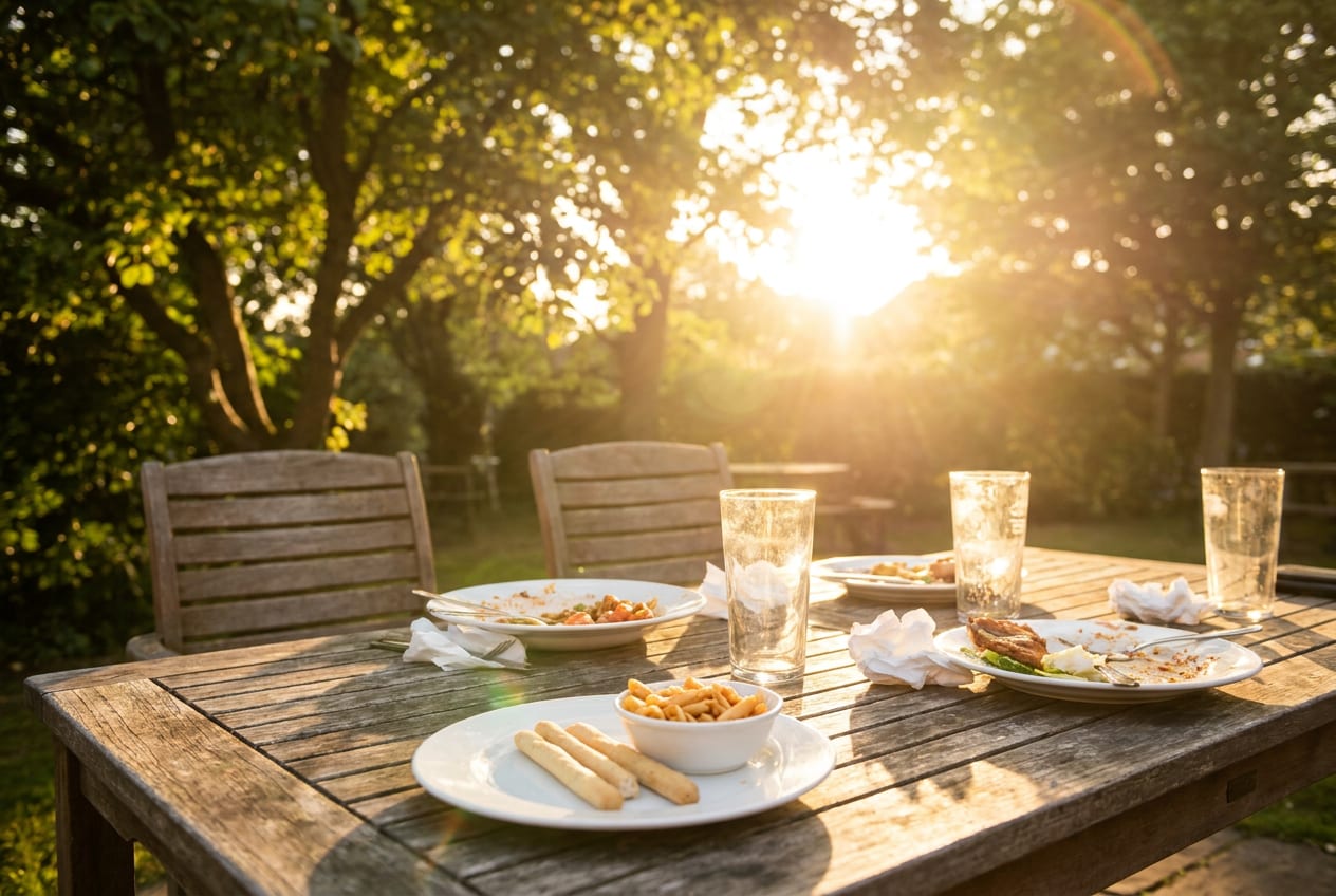 A wooden bench table in a British pub garden in low evening sun, a family meal part-eaten across it, one plate holding only a small portion of plain beige food, the chairs pushed back.