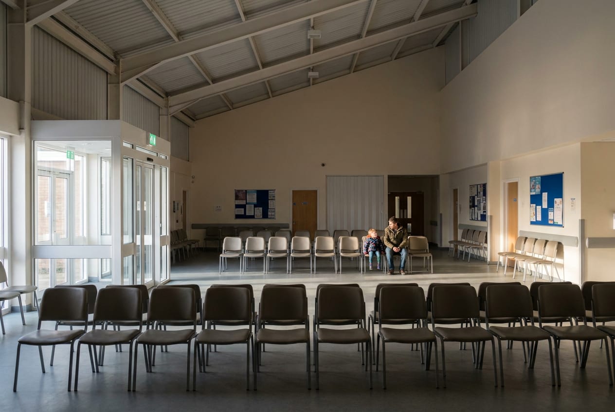 A wide view of a large, empty GP surgery waiting room in the early morning, rows of unoccupied chairs, with a parent and small child sitting together far in the distance.