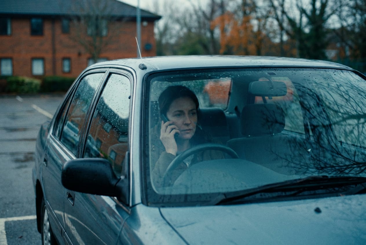 A parent sits alone in a parked car at lunchtime, phone held to their ear, seen through the windscreen in hazy light