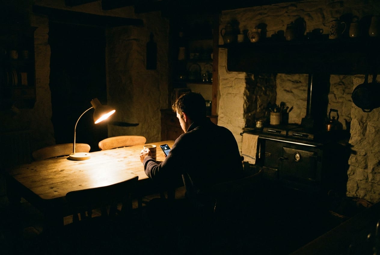 A dark kitchen late at night, a parent at the table lit by a single lamp, with a mug and a phone in front of them.
