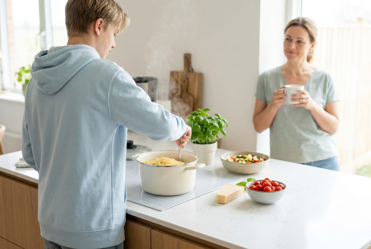 A teenager, back to the camera, stirs a pan on the hob of a bright family kitchen while a parent watches from the edge of the frame without stepping in.