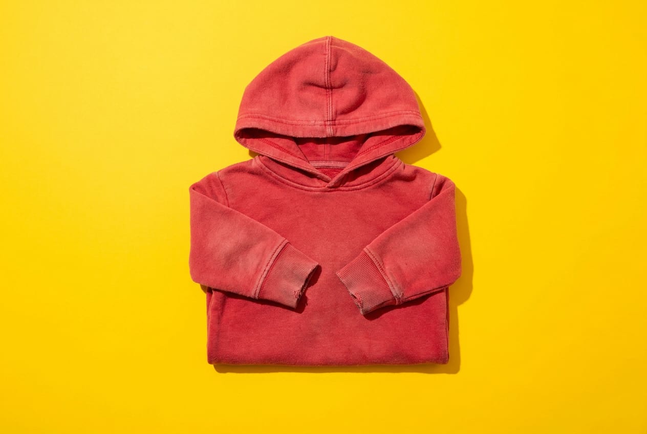 A child's well-worn soft hoodie, neatly folded and photographed on its own against a plain deep-coloured background