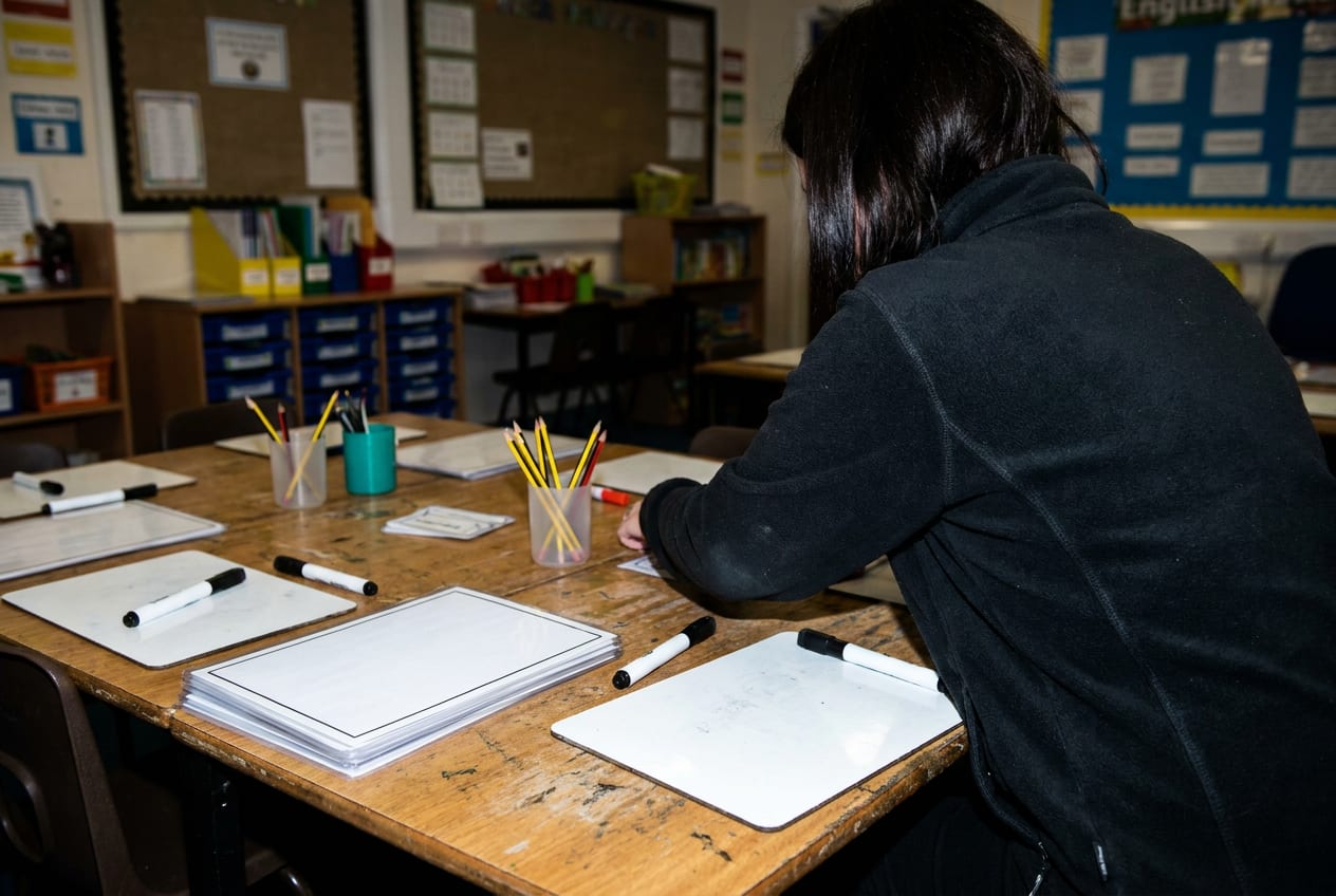 A small-group intervention table in an ordinary mainstream primary classroom, with a teaching assistant seen from behind and laminated task cards and mini whiteboards laid out under harsh flash lighting.