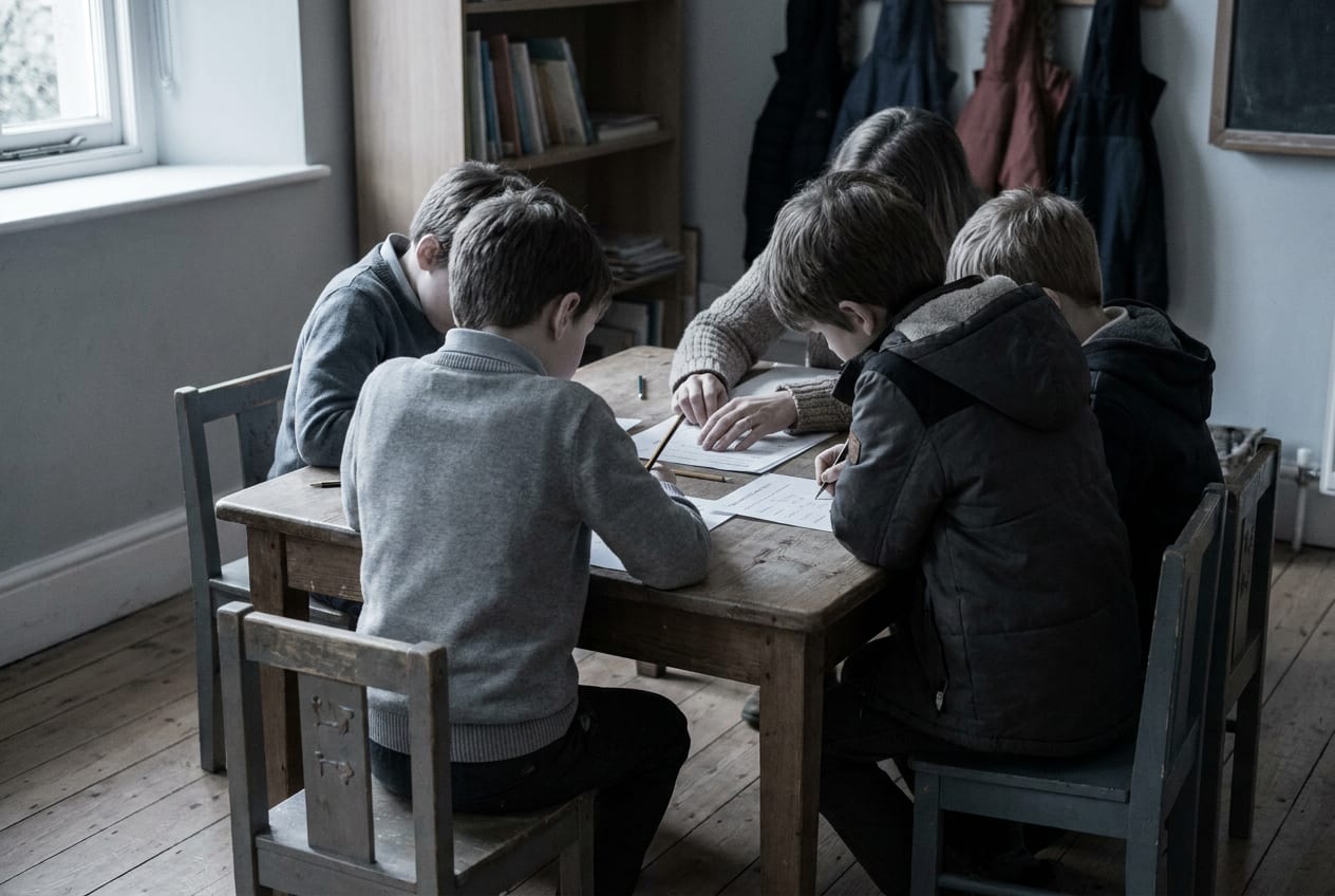 A teaching assistant leads a small group intervention at a side table in a mainstream classroom, the children seen from behind